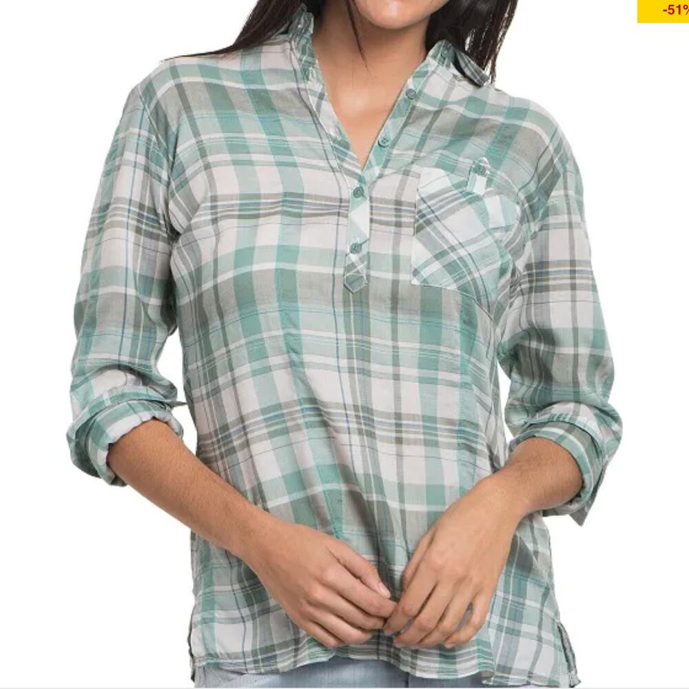 Kuhl | Spektra Green Plaid Popover Roll Tab Sleeve Lightweight Casual Shirt